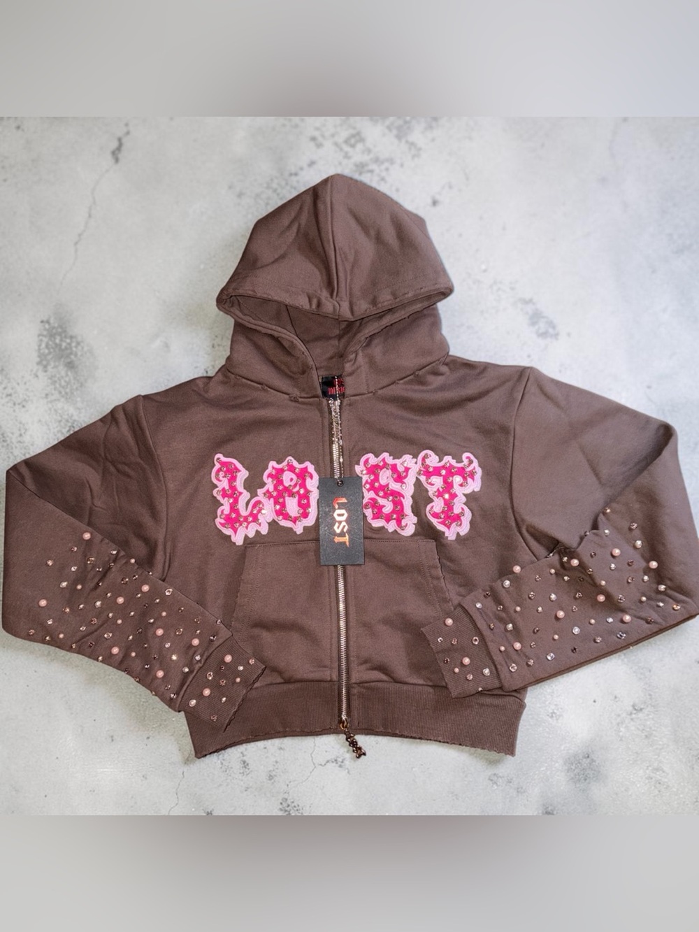 Lost intricacy patch zip-up hoodie NWT size small brown / pink